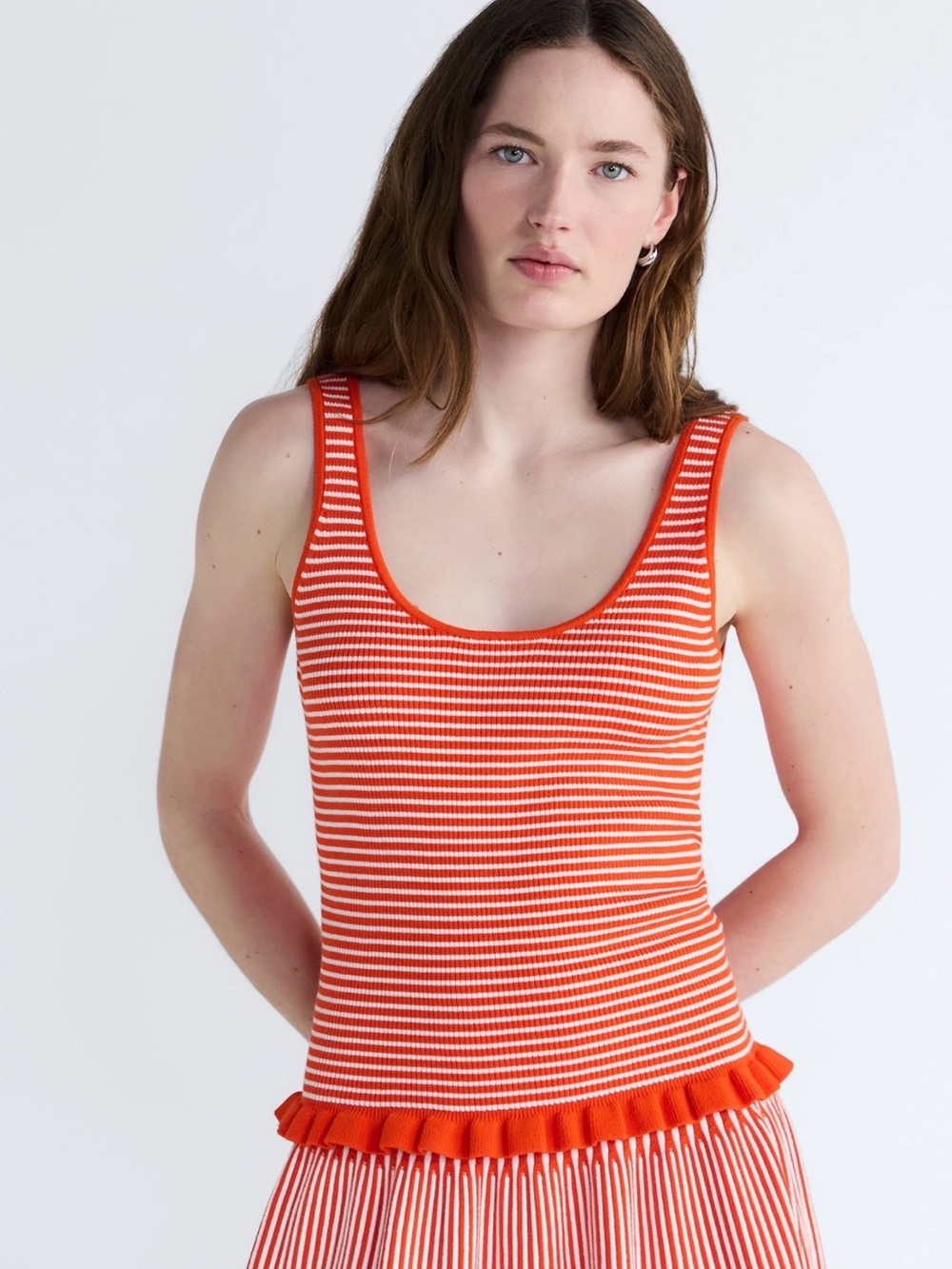 Free Assembly Red Orange White Striped Ribbed Tank Top Ruffle Hem L 12/14 NWT